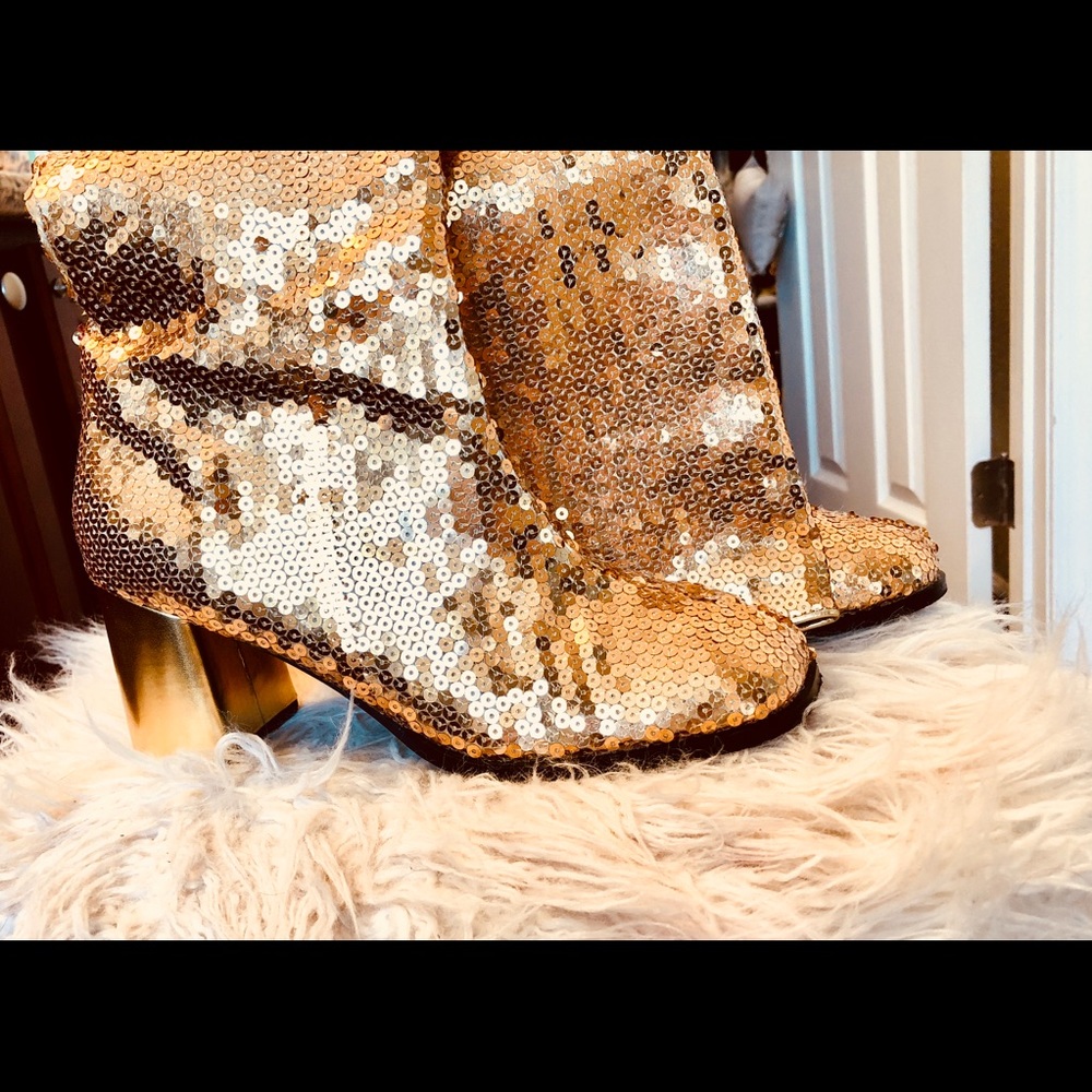 Show-stopping platform gold sequin boots